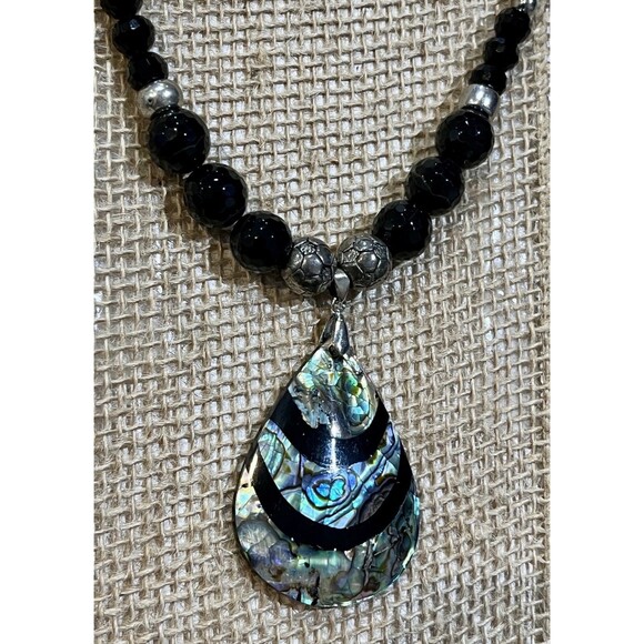 Native American Indian Navajo Abalone Shell Inlay Black Onyx Pendant Necklace - Picture 2 of 7
